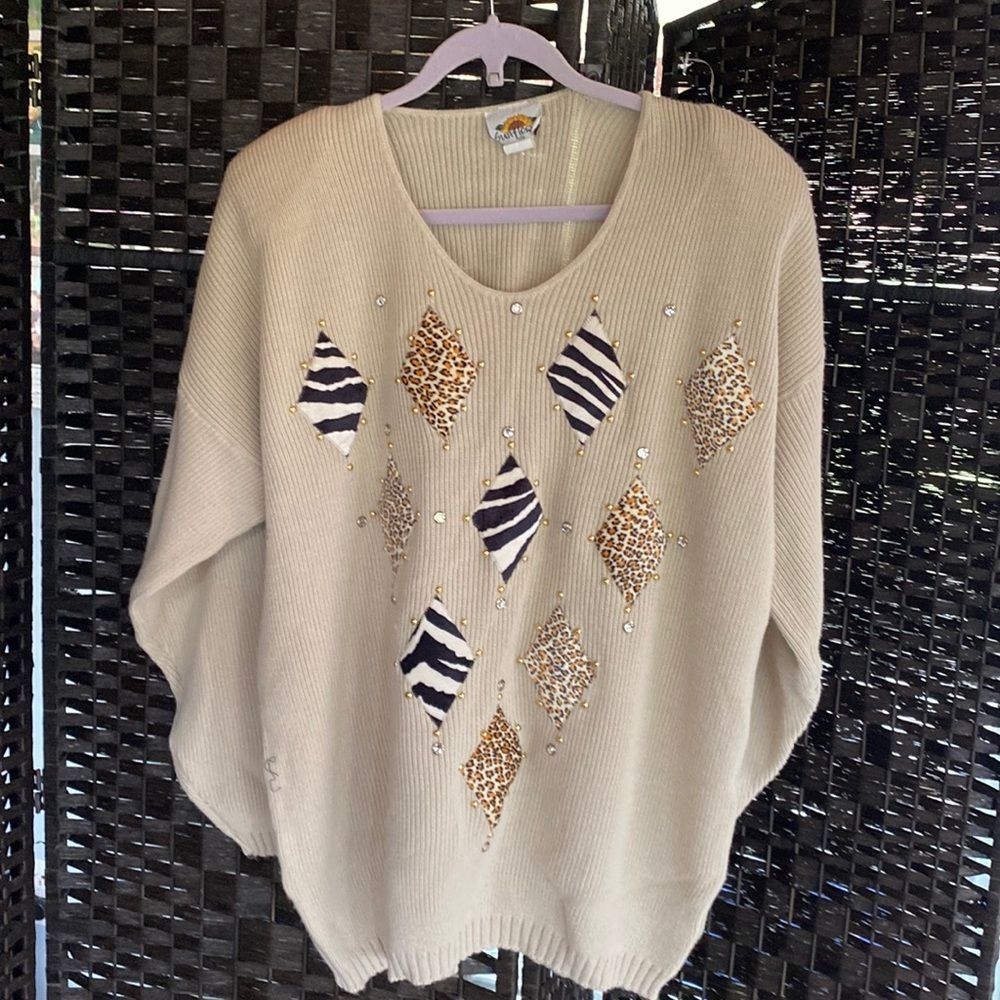 Vintage Sunflower Knit Animal Pattern & Bling Sweater Plus Size